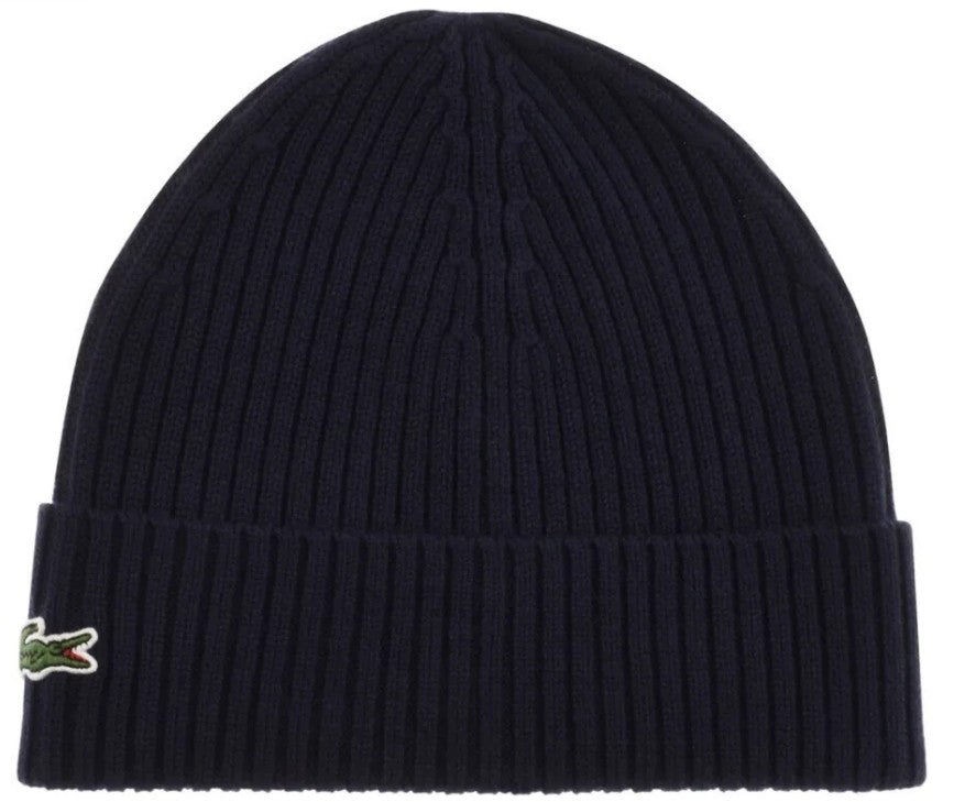 LACOSTE CROCODILE LOGO WOOL RIBBED BEANIE HAT NAVY BLUE RRP £50 BNWT