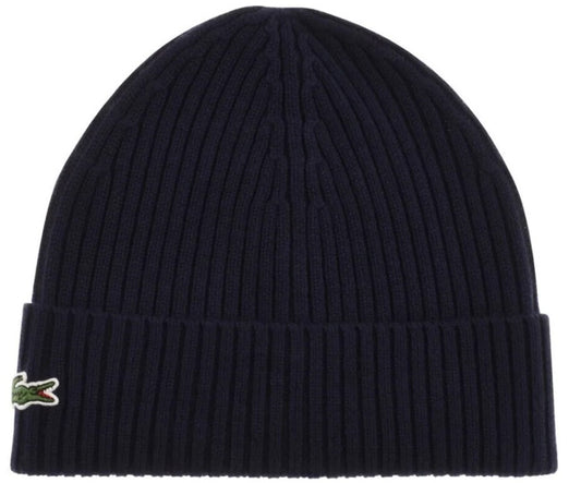 LACOSTE CROCODILE LOGO WOOL RIBBED BEANIE HAT NAVY BLUE RRP £50 BNWT