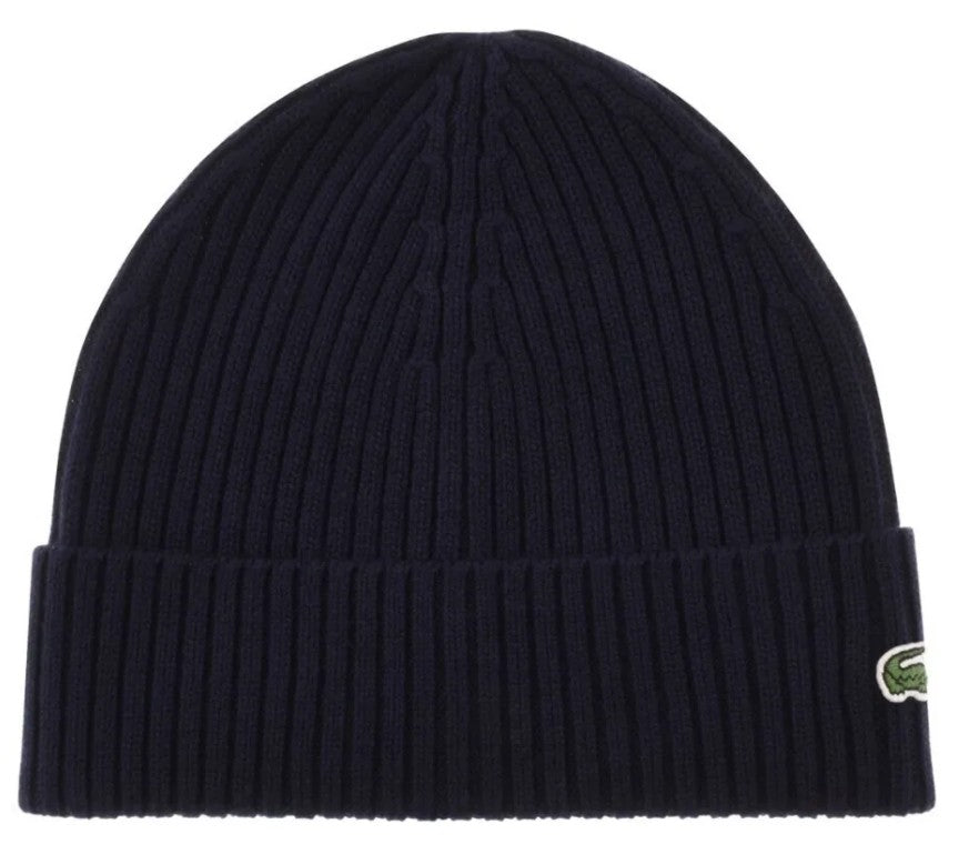 LACOSTE CROCODILE LOGO WOOL RIBBED BEANIE HAT NAVY BLUE RRP £50 BNWT