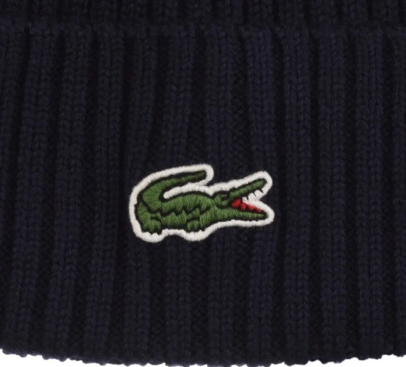 LACOSTE CROCODILE LOGO WOOL RIBBED BEANIE HAT NAVY BLUE RRP £50 BNWT
