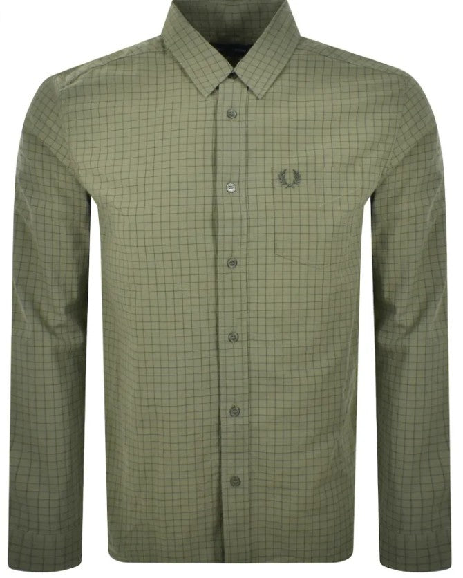FRED PERRY GRID CHECK LONG SLEEVE COTTON SHIRT GREEN 2XL RRP £110 BNWT