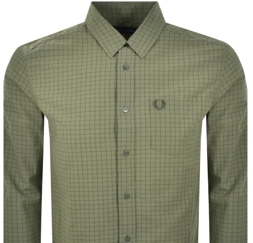FRED PERRY GRID CHECK LONG SLEEVE COTTON SHIRT GREEN 2XL RRP £110 BNWT