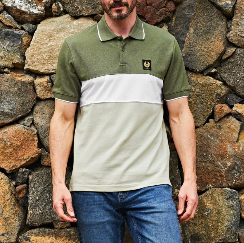 BELSTAFF COLOURBLOCK PIQUE COTTON POLO SHIRT SURPLUS GREEN RRP £145 BNWT