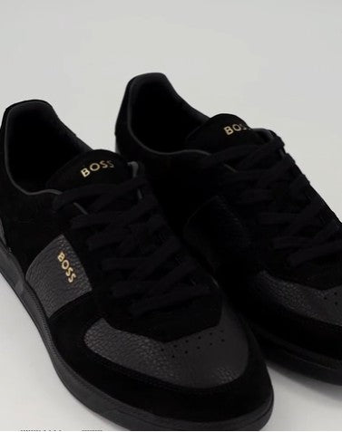 HUGO BOSS BRANDON LEATHER & SUEDE TRAINERS BLACK UK 9 RRP £229 BNIB