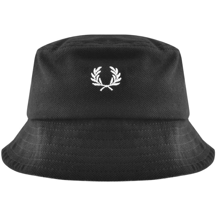 FRED PERRY LAUREL WREATH LOGO PIQUE COTTON BUCKET HAT BLACK ONE SIZE RRP £55 NEW