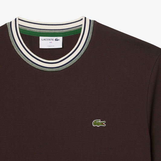 LACOSTE COTTON TIPPED CREW NECK T-SHIRT BROWN RRP £75 BNWT