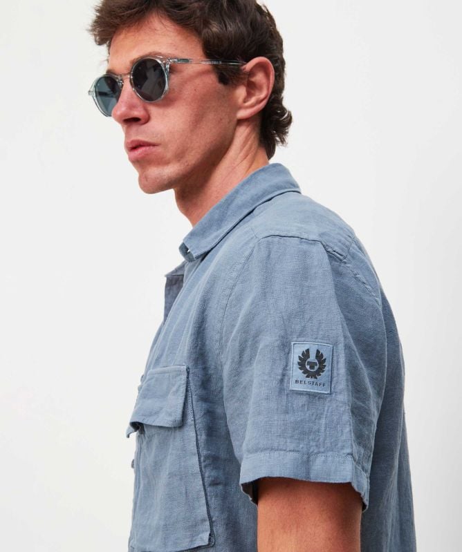 BELSTAFF SCALE LINEN SHORT SLEEVE SHIRT BLUE FLINT LARGE RRP £135 BNWT