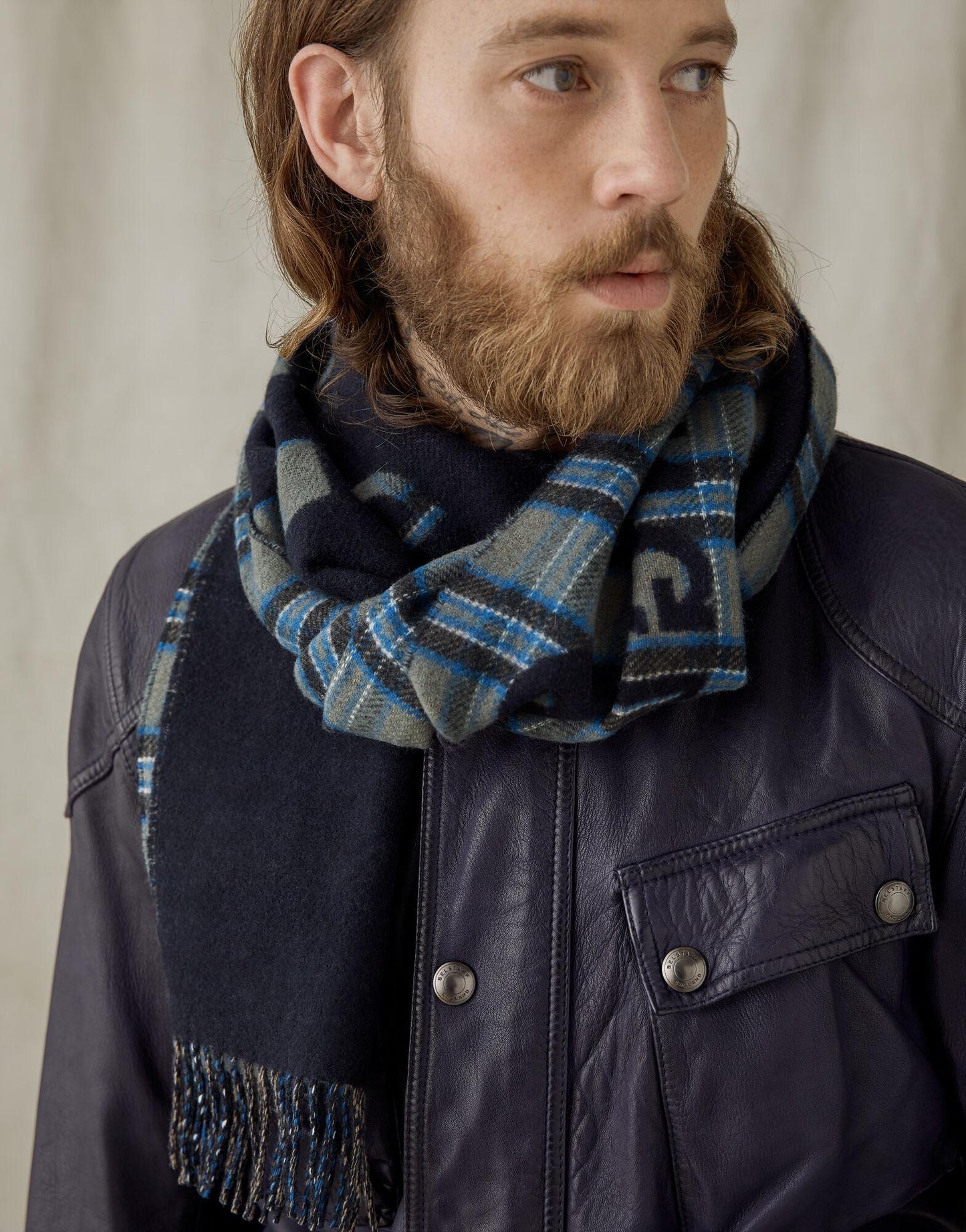 BELSTAFF SIGNATURE CHECK WOOL SCARF BLUE RRP £160 BNWT