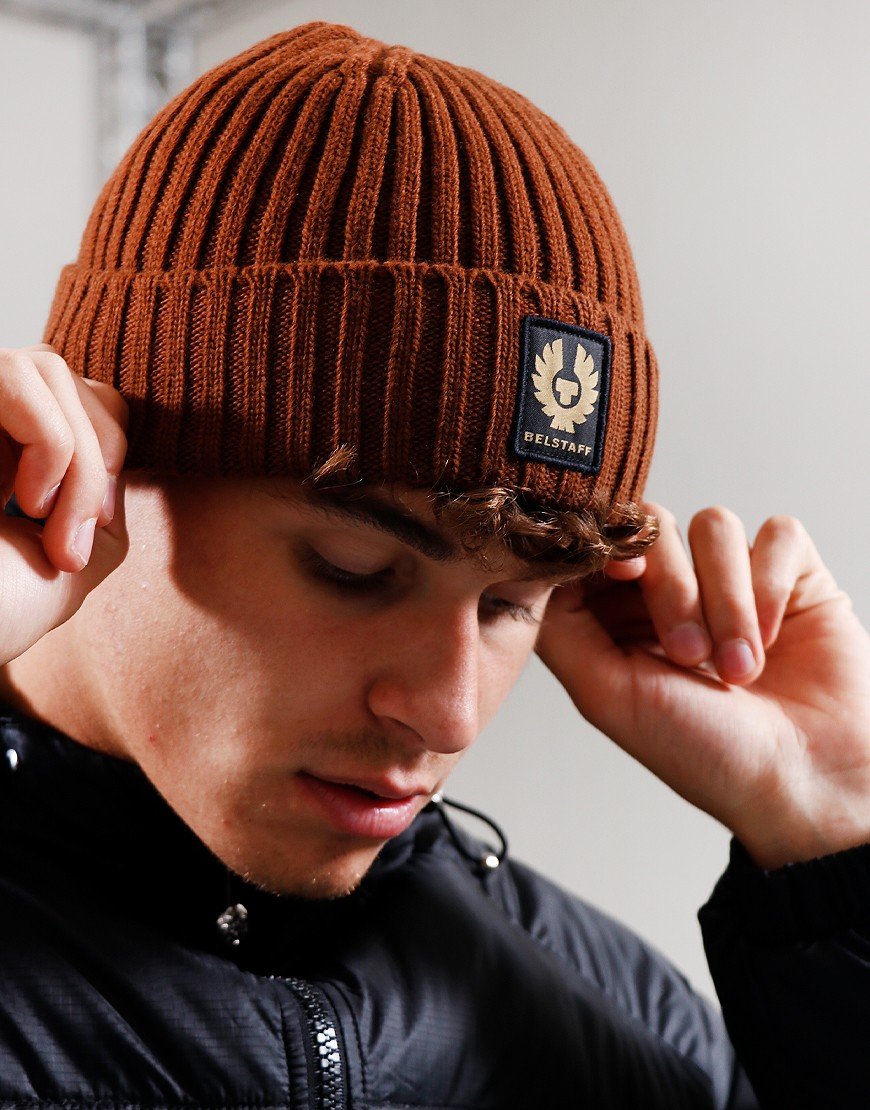 BELSTAFF WATCH PHOENIX PATCH LOGO WOOL BEANIE HAT DEEP COPPER RRP £60 BNWT