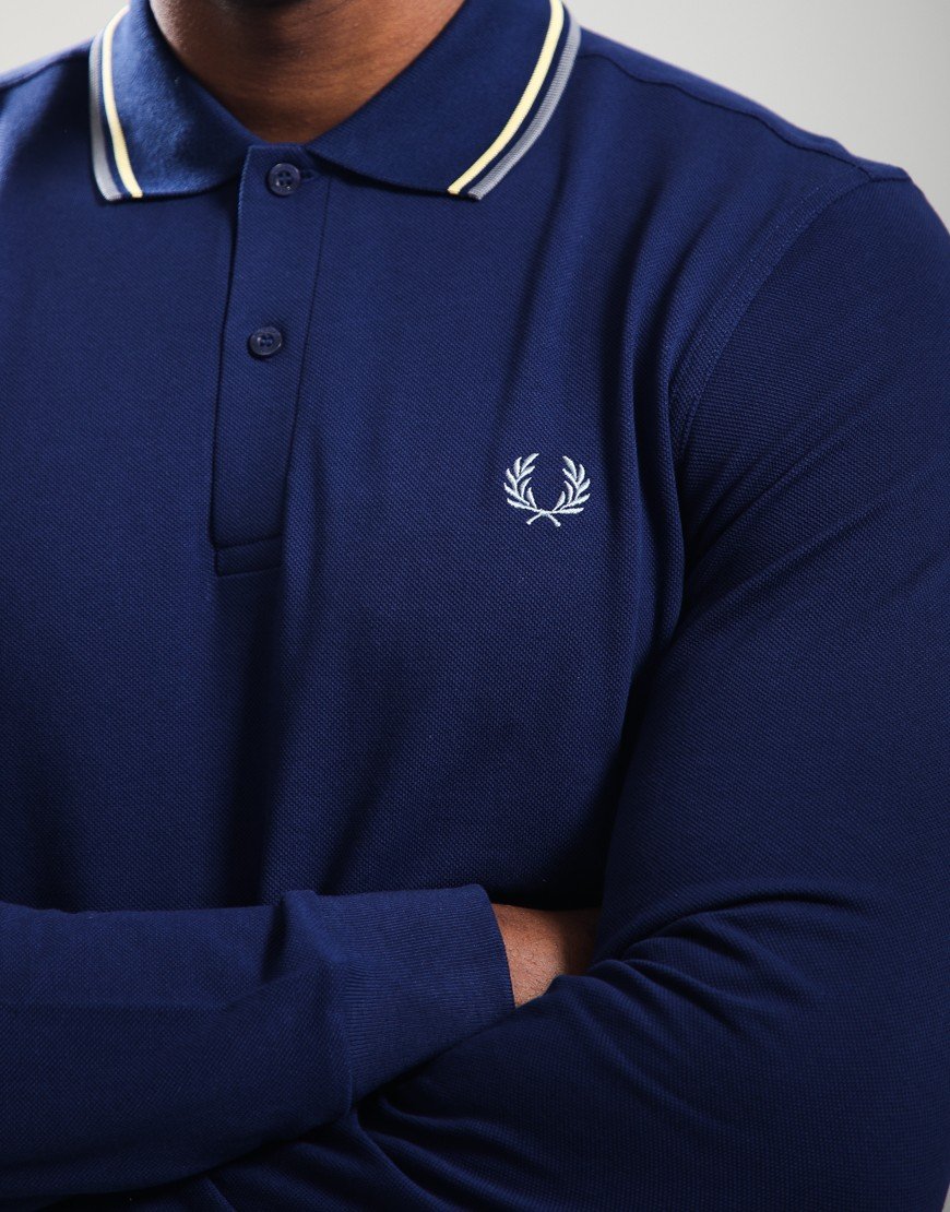 FRED PERRY TWIN TIPPED COTTON LONG SLEEVE POLO SHIRT FRENCH NAVY RRP £95 NEW
