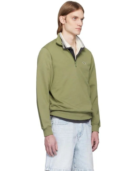 LACOSTE QUARTER ZIP COTTON FLEECE SWEATSHIRT KHAKI RRP £120 BNWT