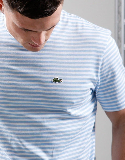 LACOSTE CREW NECK CROC LOGO STRIPED COTTON T-SHIRT SKY BLUE 2XL RRP £65 NEW