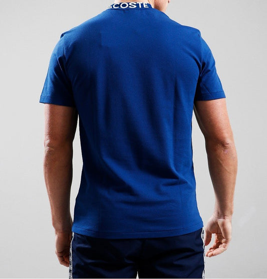 LACOSTE JACQUARD PRINT NECK COTTON LOGO T-SHIRT GLOBE BLUE MEDIUM RRP £70 BNWT