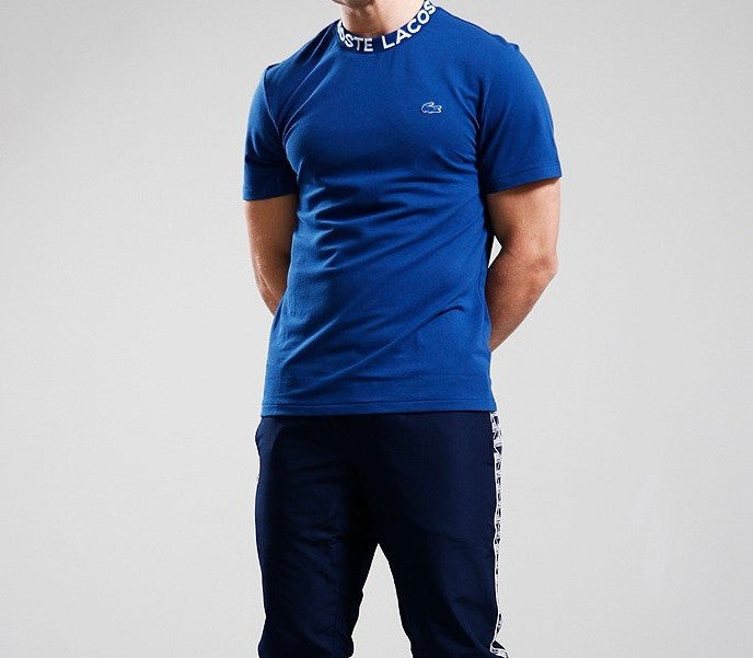 LACOSTE JACQUARD PRINT NECK COTTON LOGO T-SHIRT GLOBE BLUE MEDIUM RRP £70 BNWT