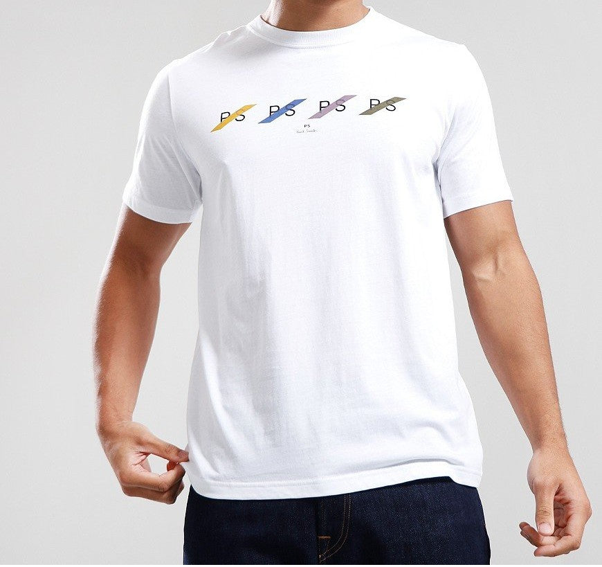 PAUL SMITH PS MULTI ROW LOGO COTTON T-SHIRT WHITE RRP £69 BNWT