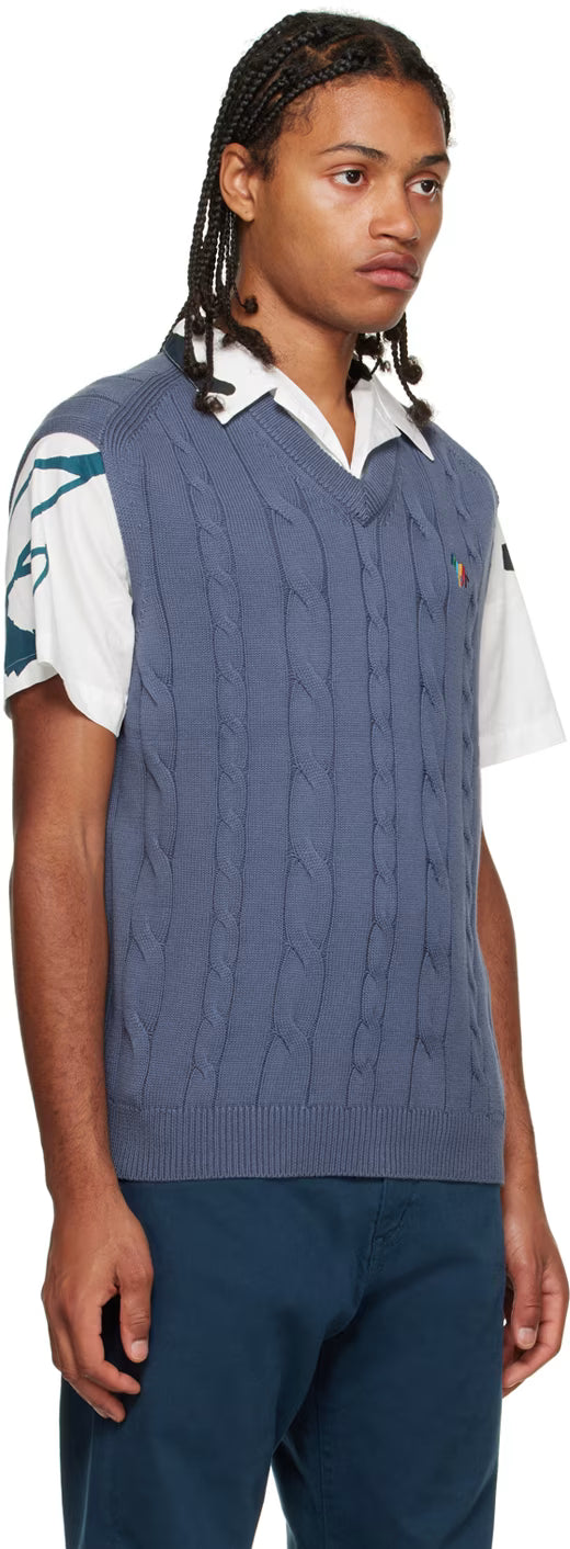 PAUL SMITH PS ZEBRA LOGO CABLE KNIT TANK TOP VEST JUMPER BLUE RRP £155 NEW