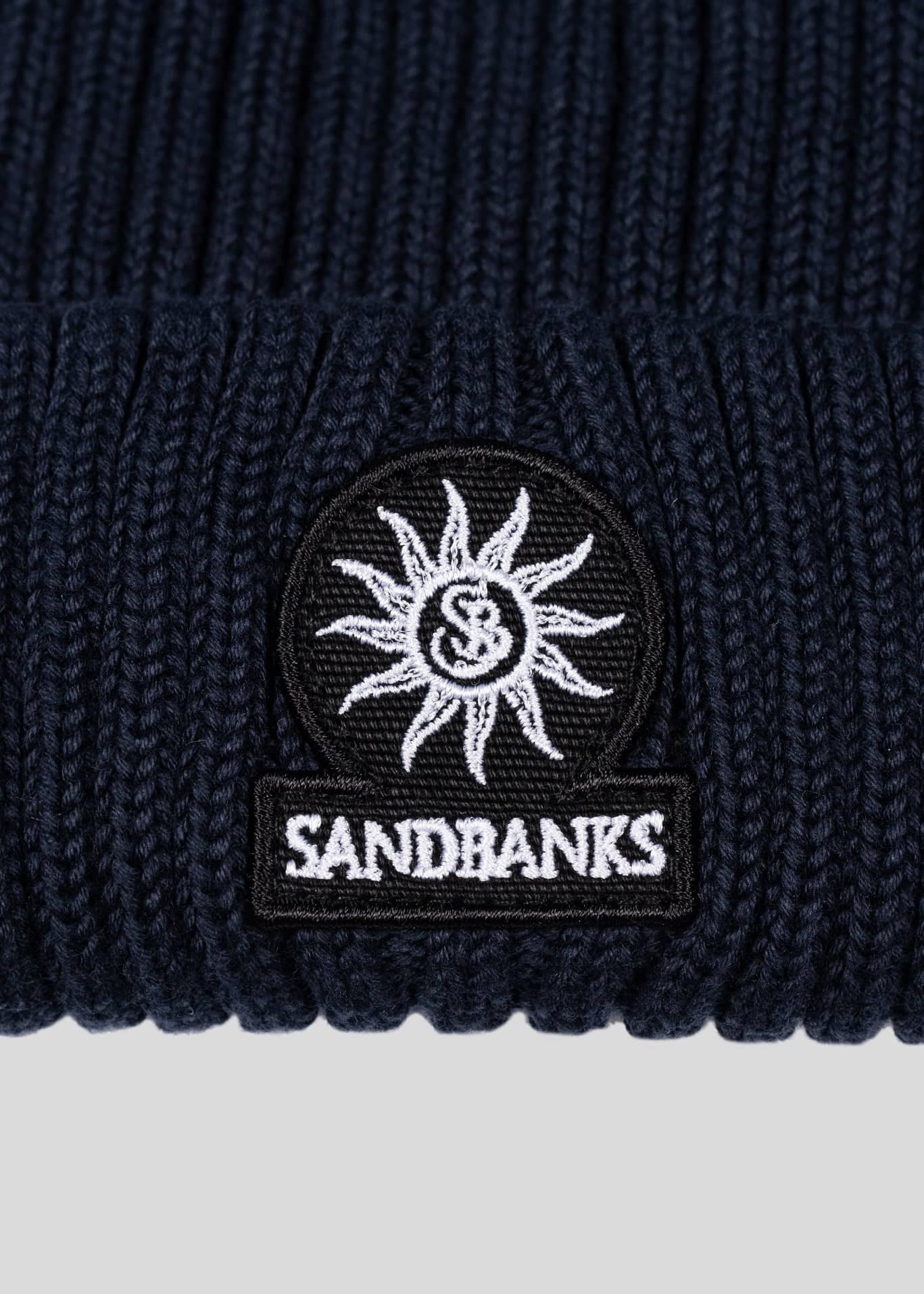 SANDBANKS BADGE LOGO MERINO WOOL RIBBED BEANIE HAT NAVY BLUE RRP £90 BNWT
