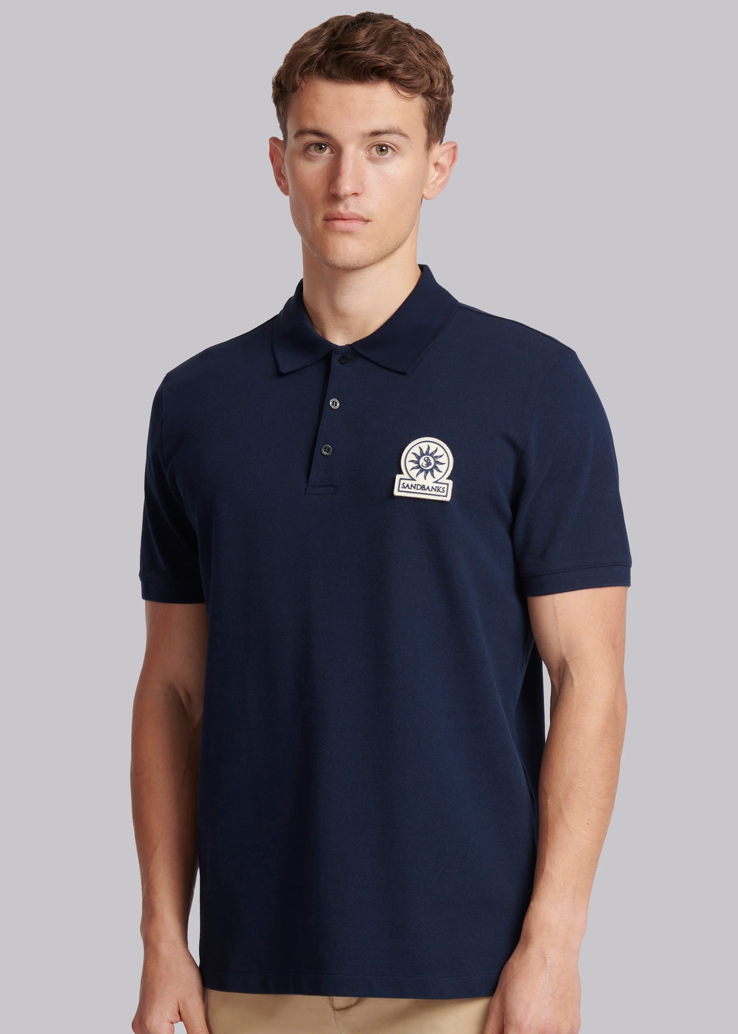 SANDBANKS LARGE FELT BELT BADGE LOGO POLO SHIRT NAVY 2XL RRP £125 BNWT