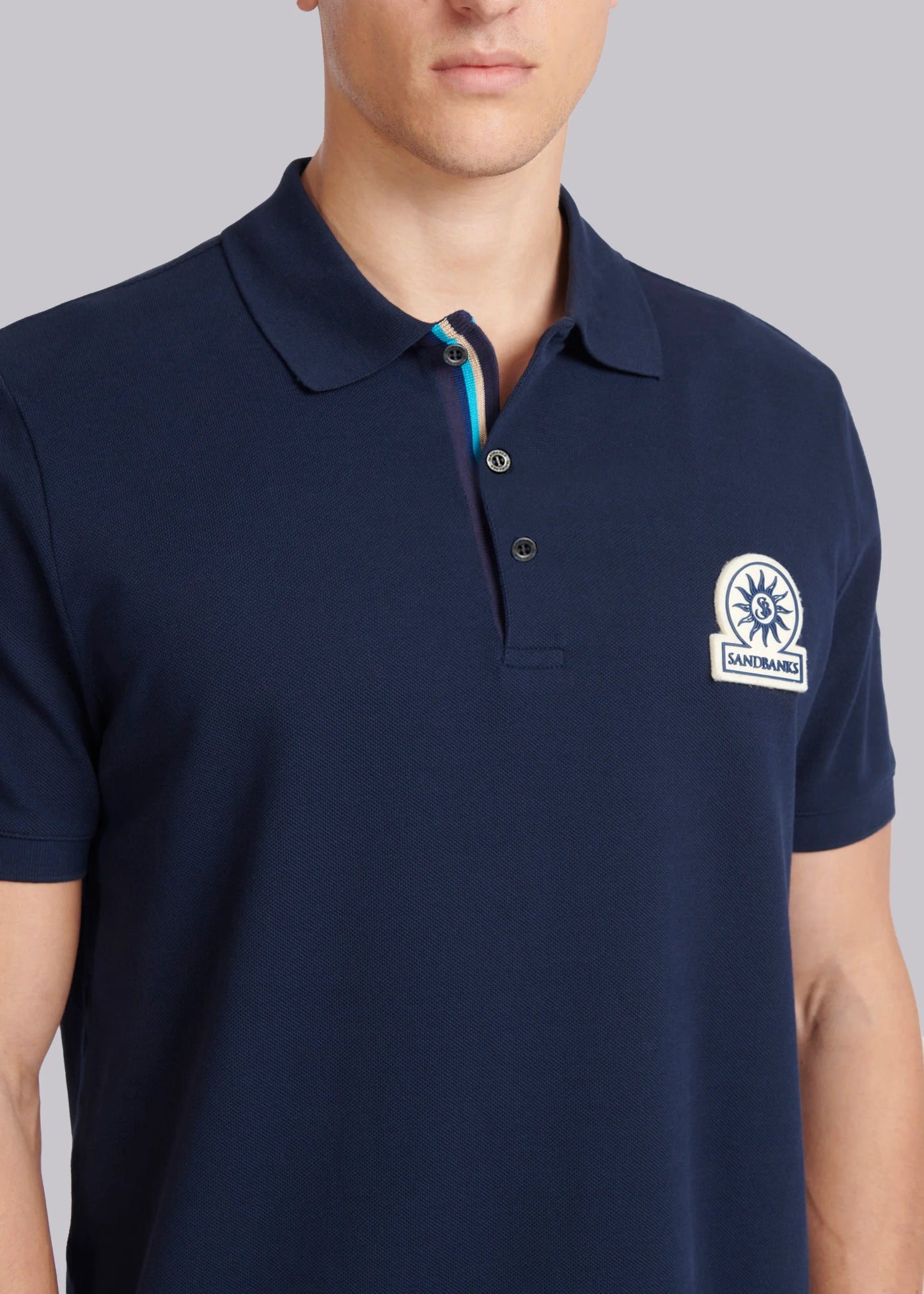 SANDBANKS LARGE FELT BELT BADGE LOGO POLO SHIRT NAVY 2XL RRP £125 BNWT