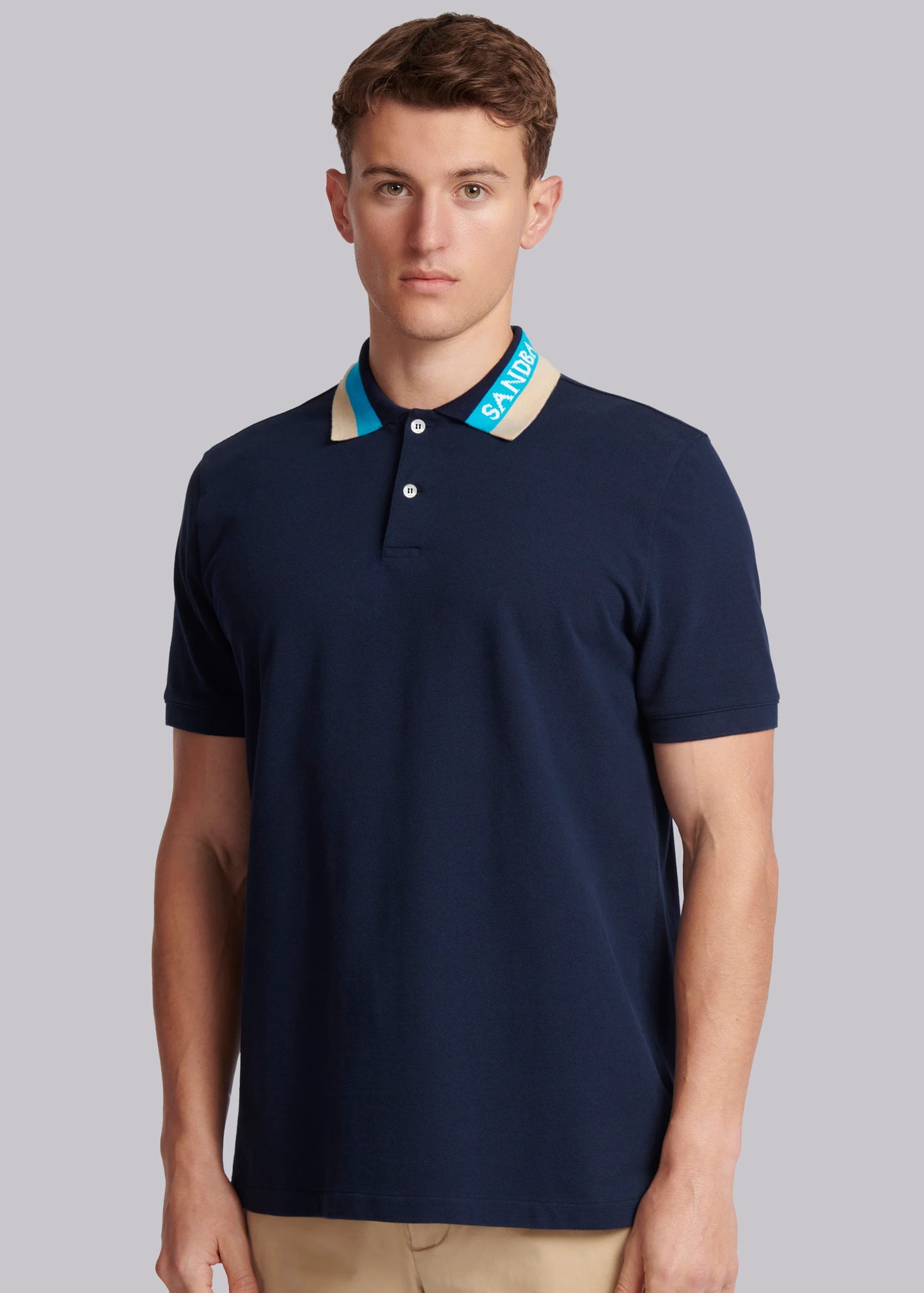 SANDBANKS TRI COLOUR COLLAR PIQUE COTTON POLO SHIRT NAVY RRP £130 BNWT