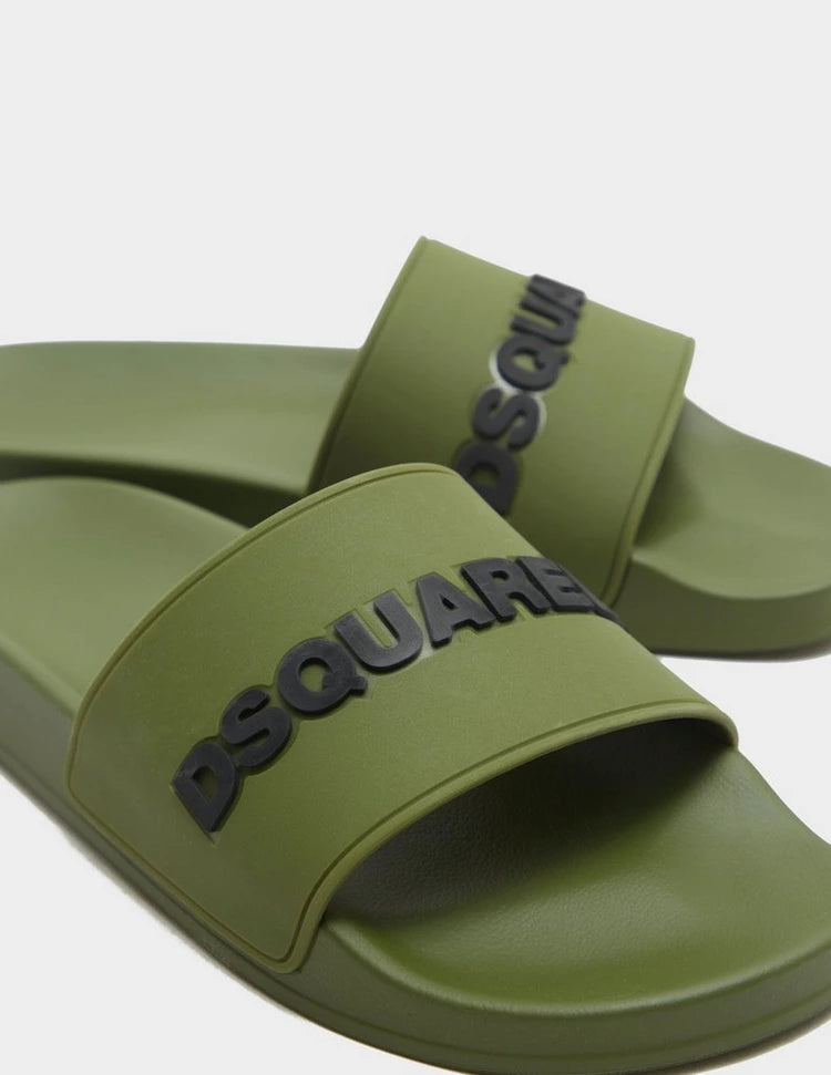 DSQUARED2 LETTER LOGO MILITARY GREEN STRAP SLIDES POOL BEACH UK 9 RRP £195 BNIB