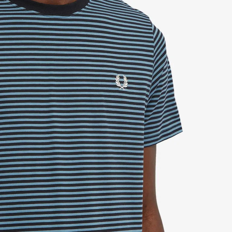 FRED PERRY FINE STRIPE HEAVYWEIGHT COTTON T-SHIRT NAVY/LIGHT BLUE RRP £65 NEW