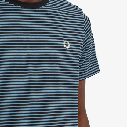 FRED PERRY FINE STRIPE HEAVYWEIGHT COTTON T-SHIRT NAVY/LIGHT BLUE RRP £65 NEW