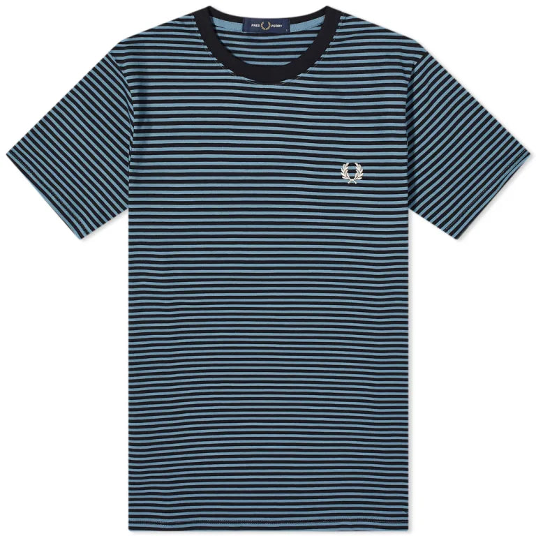 FRED PERRY FINE STRIPE HEAVYWEIGHT COTTON T-SHIRT NAVY/LIGHT BLUE RRP £65 NEW