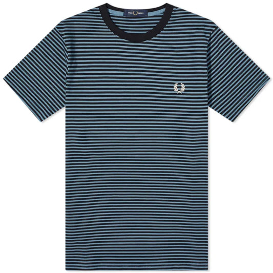 FRED PERRY FINE STRIPE HEAVYWEIGHT COTTON T-SHIRT NAVY/LIGHT BLUE RRP £65 NEW