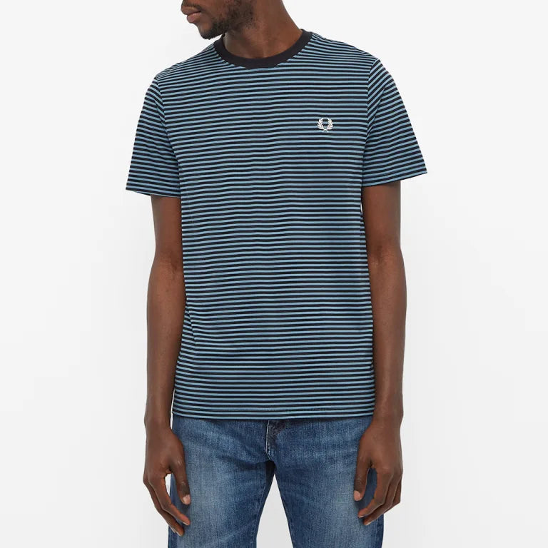 FRED PERRY FINE STRIPE HEAVYWEIGHT COTTON T-SHIRT NAVY/LIGHT BLUE RRP £65 NEW