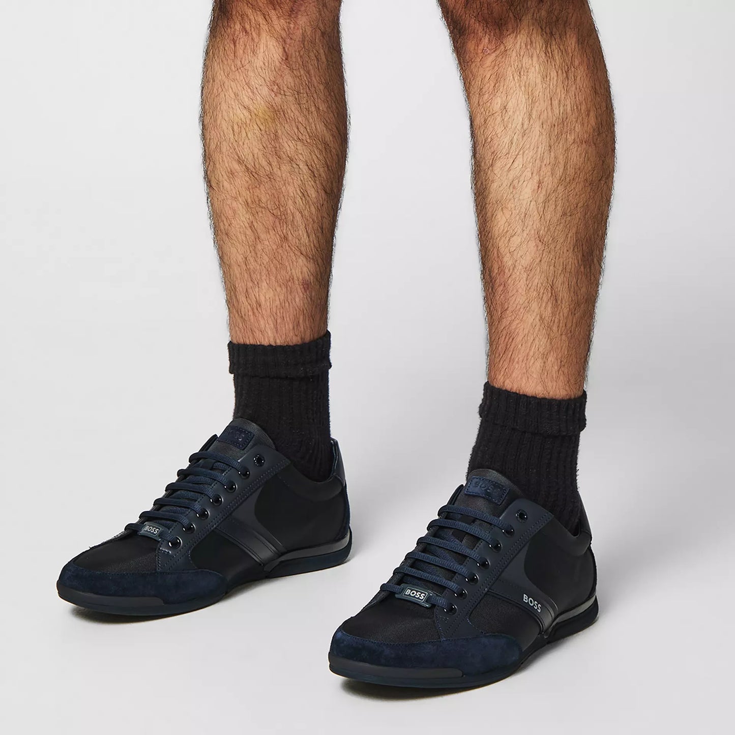 HUGO BOSS SATURN MIXED MEDIA LOW TOP TRAINERS NAVY BLUE UK 9 RRP £189 BNIB