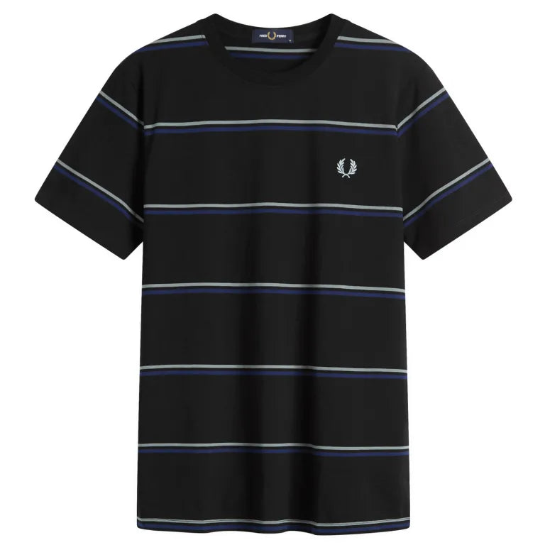 FRED PERRY FINE STRIPE T-SHIRT BLACK/STOCKPORT BLUE/NAVY MEDIUM RRP £55 BNWT