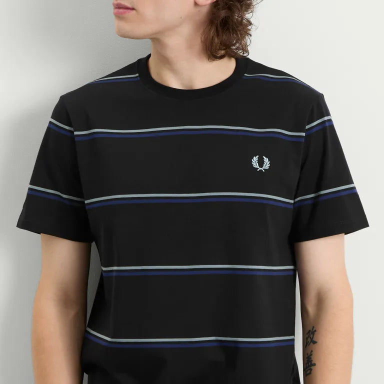 FRED PERRY FINE STRIPE T-SHIRT BLACK/STOCKPORT BLUE/NAVY MEDIUM RRP £55 BNWT