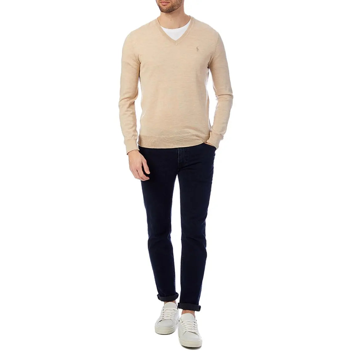 POLO RALPH LAUREN SLIM FIT MERINO WOOL V-NECK JUMPER BEIGE 2XL RRP £129 BNWT