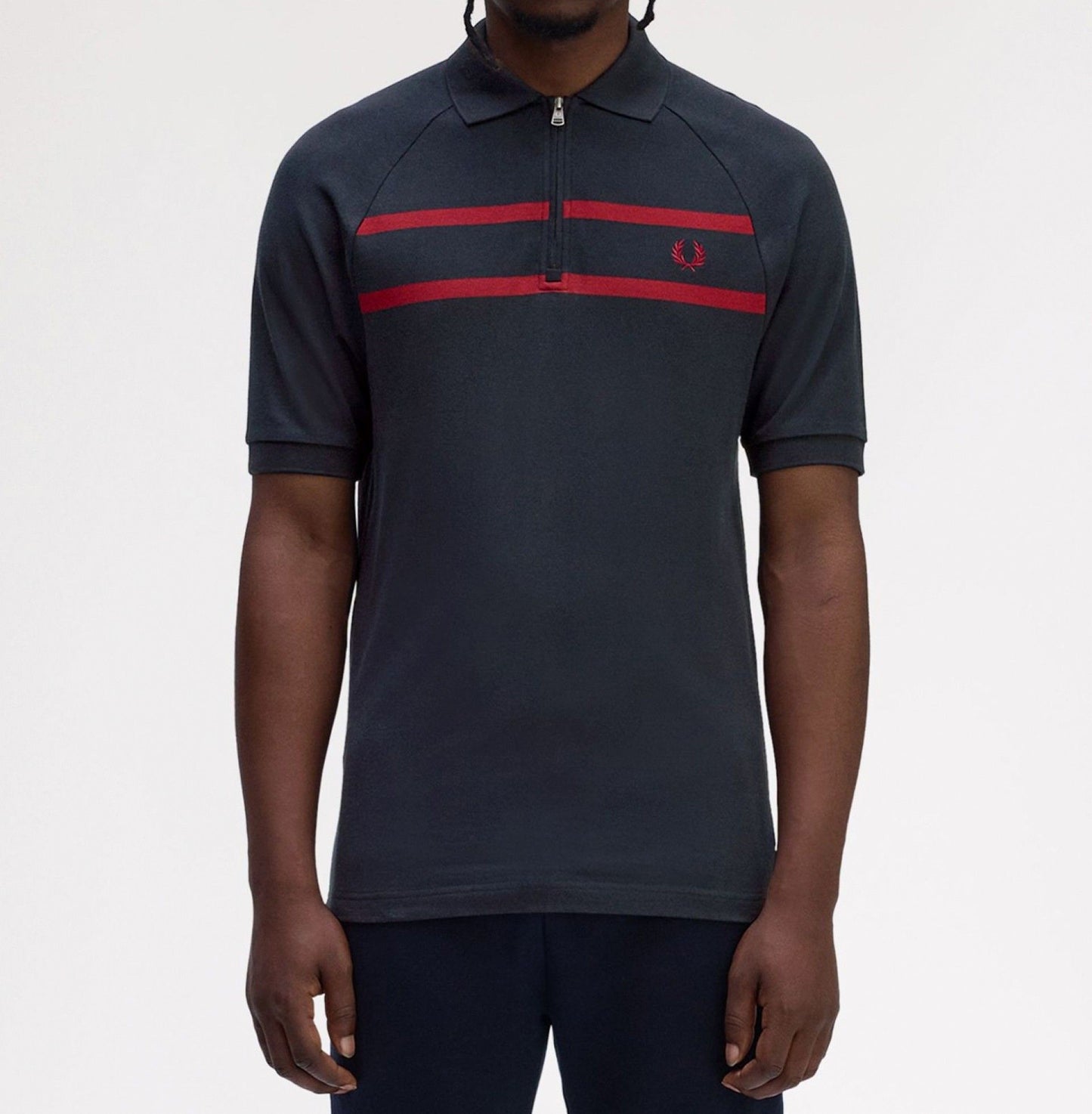 FRED PERRY ZIP NECK PIQUE COTTON STRIPED POLO SHIRT NAVY/RED XL RRP £90 BNWT