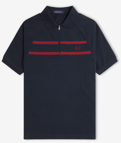 FRED PERRY ZIP NECK PIQUE COTTON STRIPED POLO SHIRT NAVY/RED XL RRP £90 BNWT