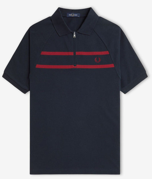 FRED PERRY ZIP NECK PIQUE COTTON STRIPED POLO SHIRT NAVY/RED XL RRP £90 BNWT