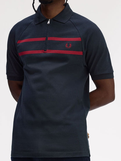FRED PERRY ZIP NECK PIQUE COTTON STRIPED POLO SHIRT NAVY/RED XL RRP £90 BNWT