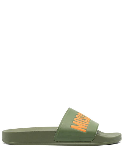 MOSCHINO MILITARY GREEN PVC STRAP SLIDES POOL BEACH UK 9 RRP £110 BRAND NEW