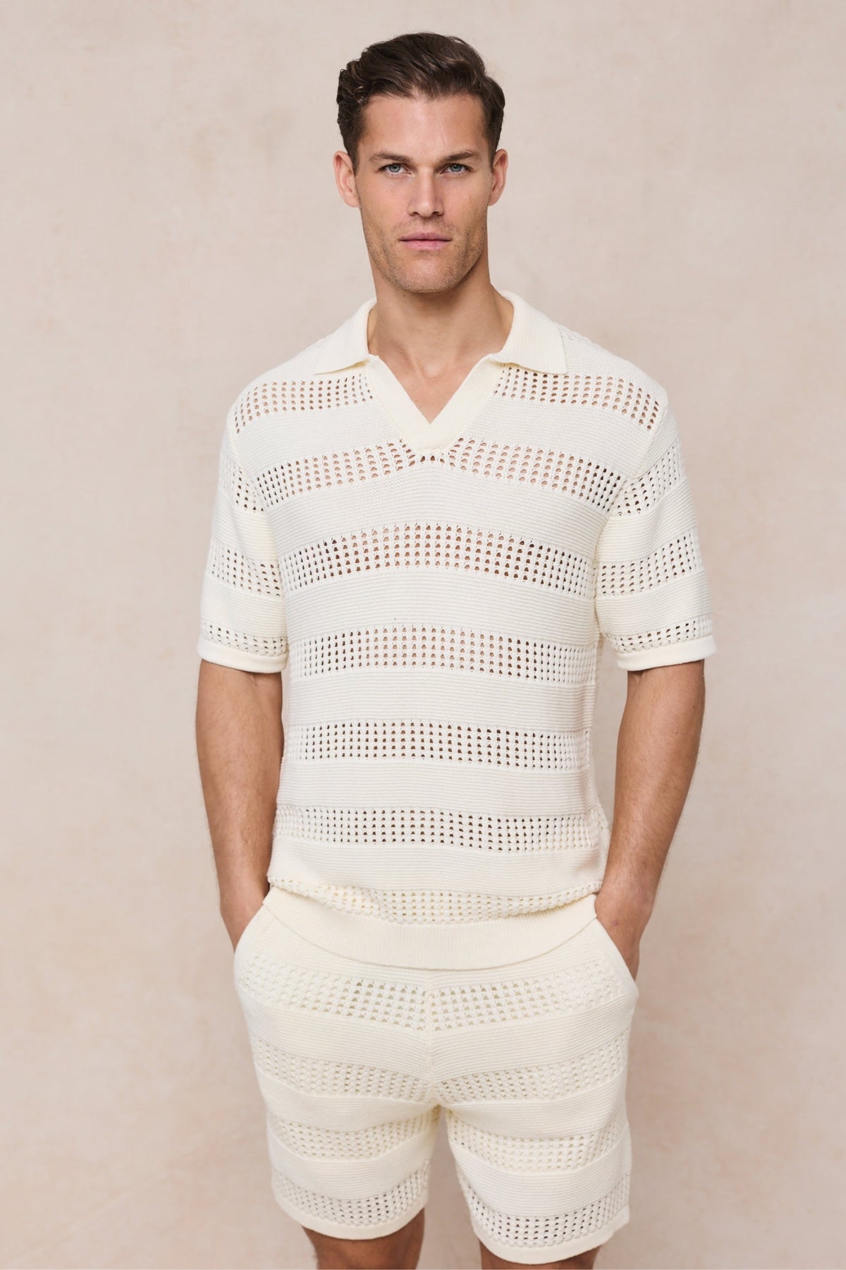 RAITH FRATTINA CROCHET KNIT COTTON POLO SHIRT ECRU 2XL RRP £70 BNWT