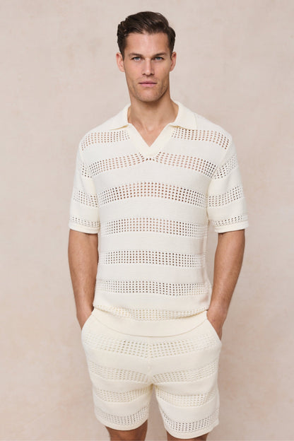 RAITH FRATTINA CROCHET KNIT COTTON POLO SHIRT ECRU 2XL RRP £70 BNWT
