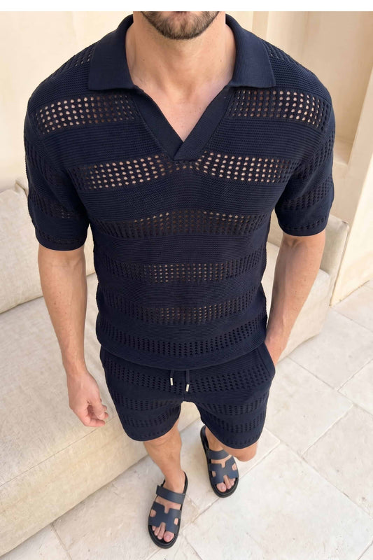 RAITH FRATTINA CROCHET KNIT COTTON POLO SHIRT NAVY BLUE 2XL RRP £70 BNWT