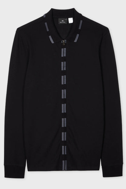 PAUL SMITH PS LONG SLEEVE FULL ZIP COTTON POLO SHIRT BLACK/GREY RRP £115 BNWT