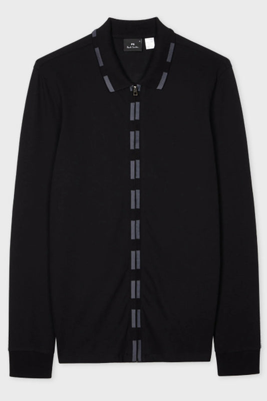 PAUL SMITH PS LONG SLEEVE FULL ZIP COTTON POLO SHIRT BLACK/GREY RRP £115 BNWT