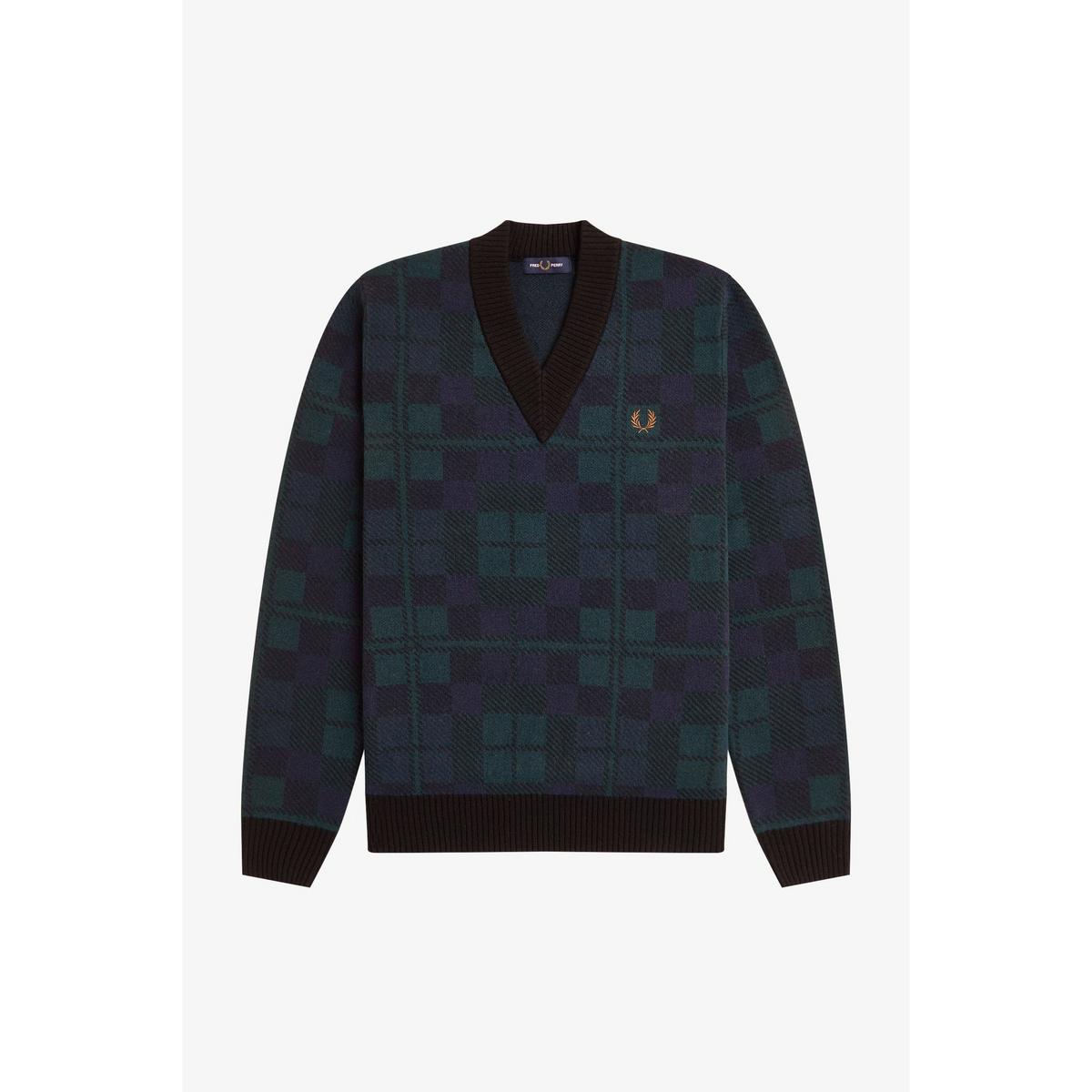 FRED PERRY BLACKWATCH TARTAN V NECK WOOL BLEND JUMPER MEDIUM RRP £150 BNWT
