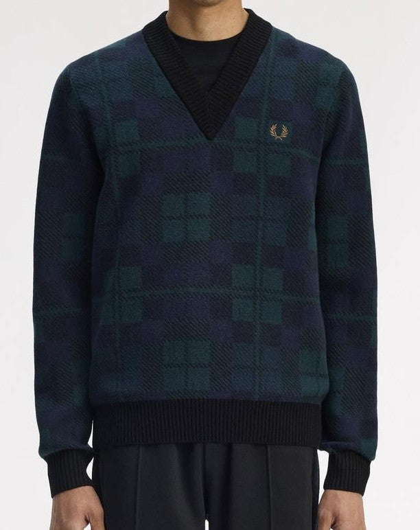FRED PERRY BLACKWATCH TARTAN V NECK WOOL BLEND JUMPER MEDIUM RRP £150 BNWT