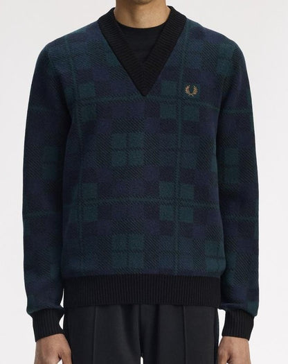 FRED PERRY BLACKWATCH TARTAN V NECK WOOL BLEND JUMPER MEDIUM RRP £150 BNWT