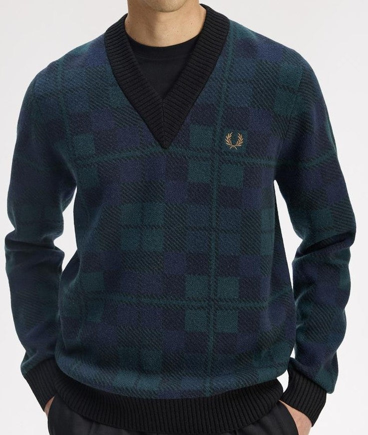 FRED PERRY BLACKWATCH TARTAN V NECK WOOL BLEND JUMPER MEDIUM RRP £150 BNWT