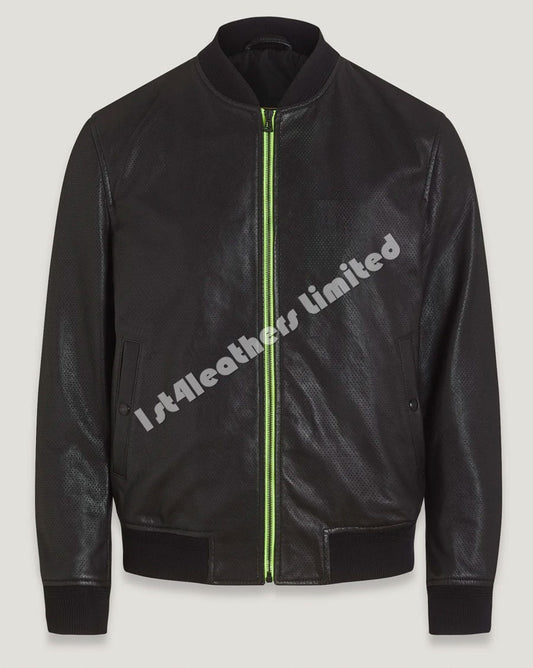 BELSTAFF LATERAL FLASH PERFORATED LAMB LEATHER BOMBER JACKET BLACK/NEON YELLOW RRP £995 BNWT