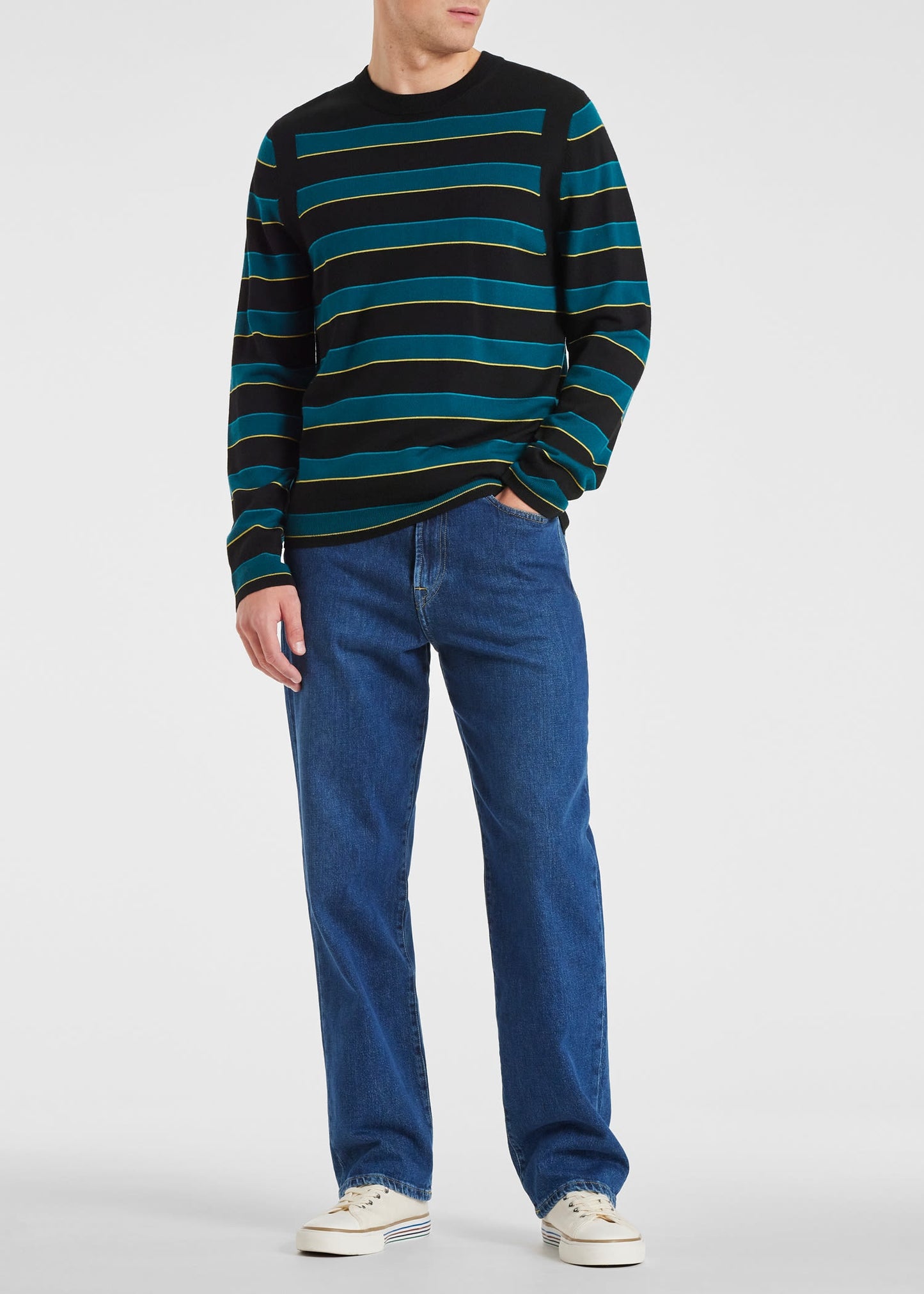 PAUL SMITH MERINO WOOL CREW NECK JUMPER BLACK/BLUE STRIPES XL RRP £209 BNWT